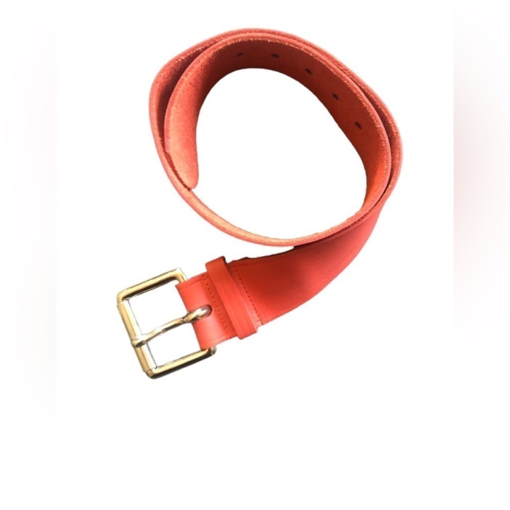 Norma Kamali Leather Belt Sz. S Terra Cotta 2”W Square Buckle Classic Designer